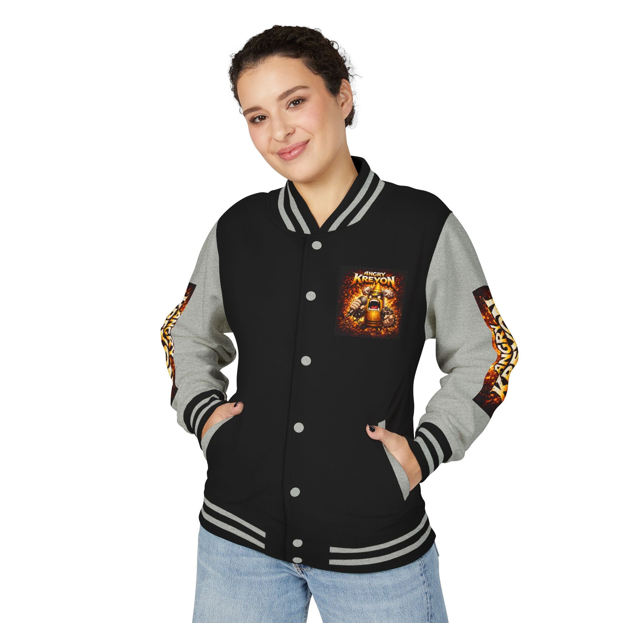 Angry Kreyon Letterman Jacket - Graphic Varsity Bomber with Bold Back Art