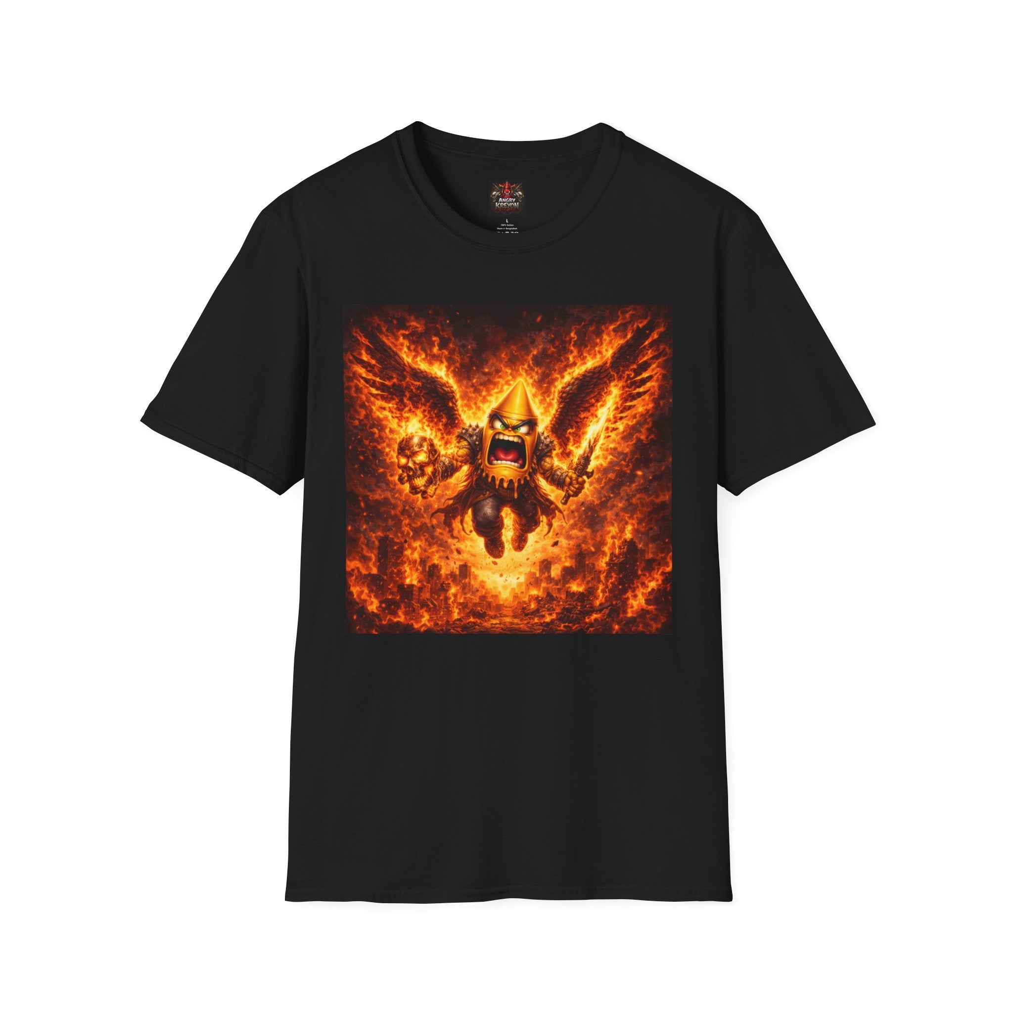 Angry Kreyon Angel of Destruction T-Shirt — Flaming Mascot Graphic Tee
