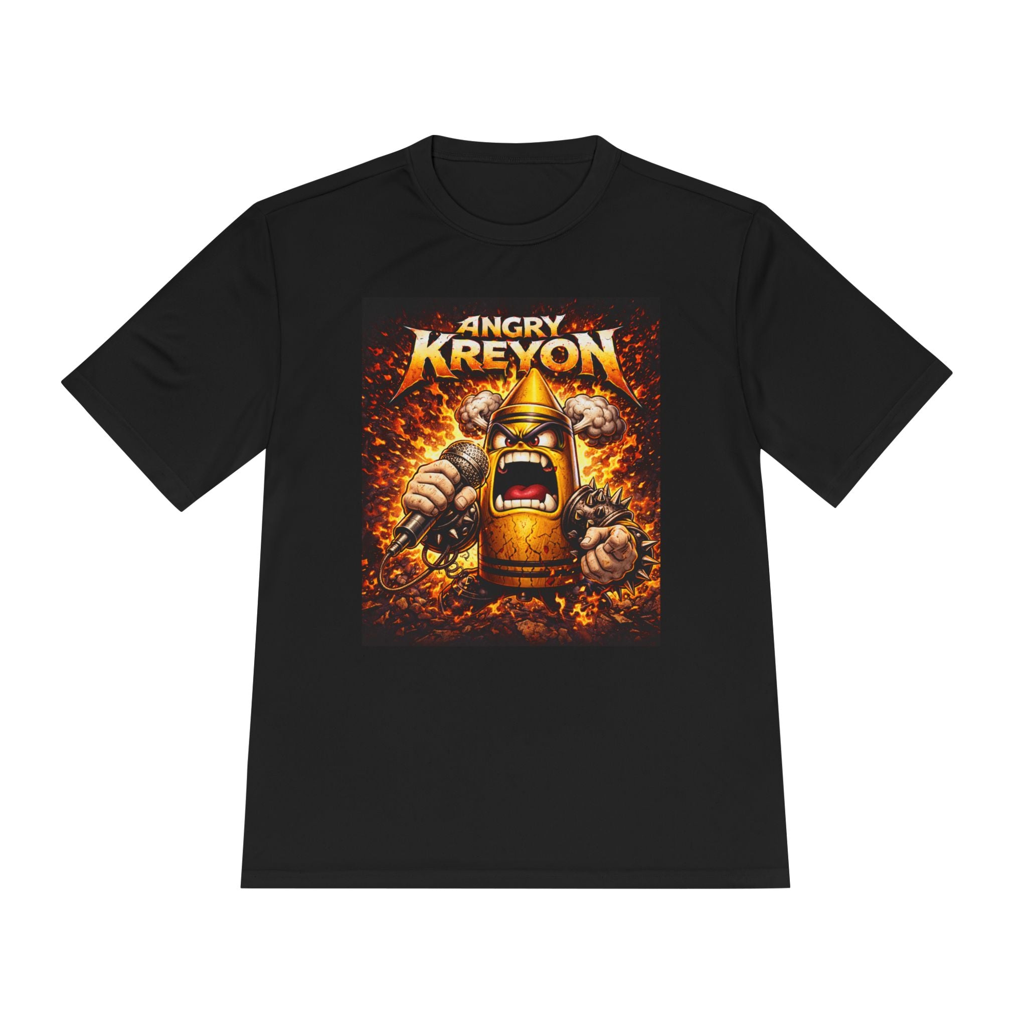Angry Kreyon character tee | Miosture Wicking Graphic T-Shirt, fiery cartoon microphone design