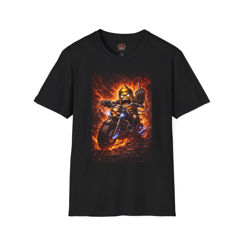 Motorcycle Rider T-Shirt — Flaming Skull Biker Graphic with "Angry Kreyon" Back Logo