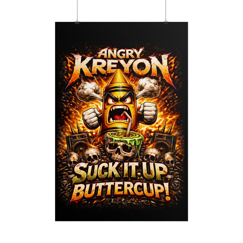 Rolled Poster — "Angry Kreyon: Suck It Up Buttercup" Graphic Poster (Edgy Skull & Flame Artwork)