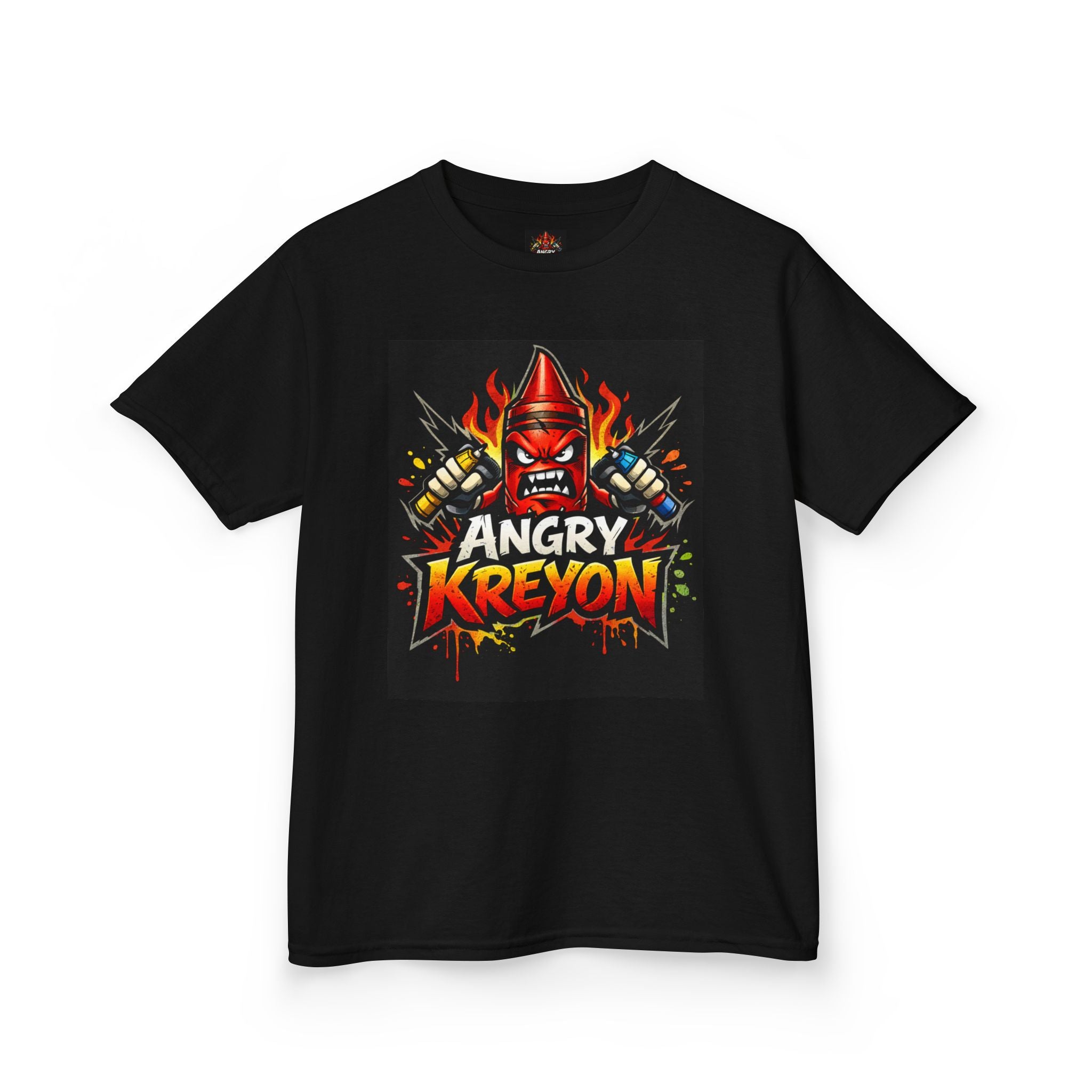 Angry Kreyon graphic Kids Tee | cartoon crayon character, bold gaming logo