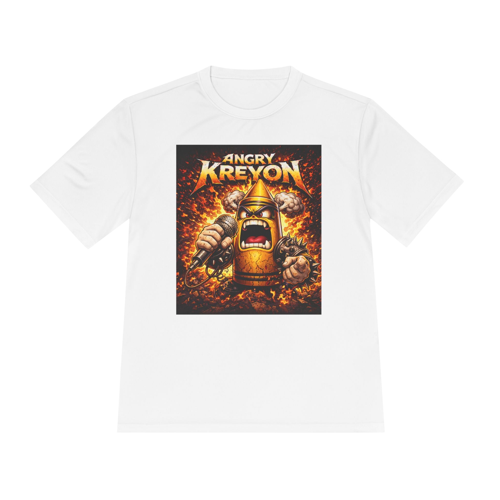 Angry Kreyon character tee | Miosture Wicking Graphic T-Shirt, fiery cartoon microphone design