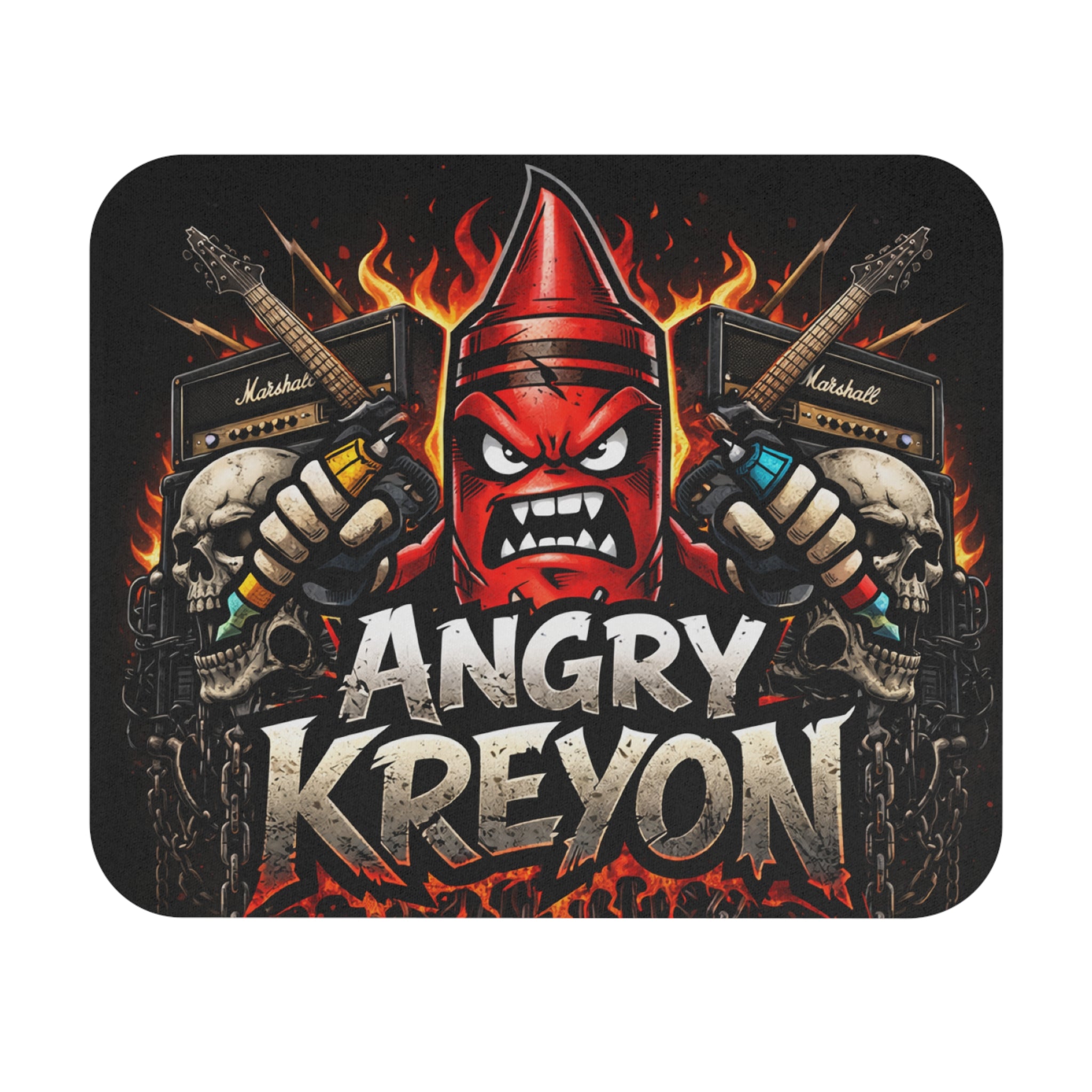 Angry Kreyon cartoon Graphic Mouse Pad — Flame Guitar Skull Gaming Desk Mat