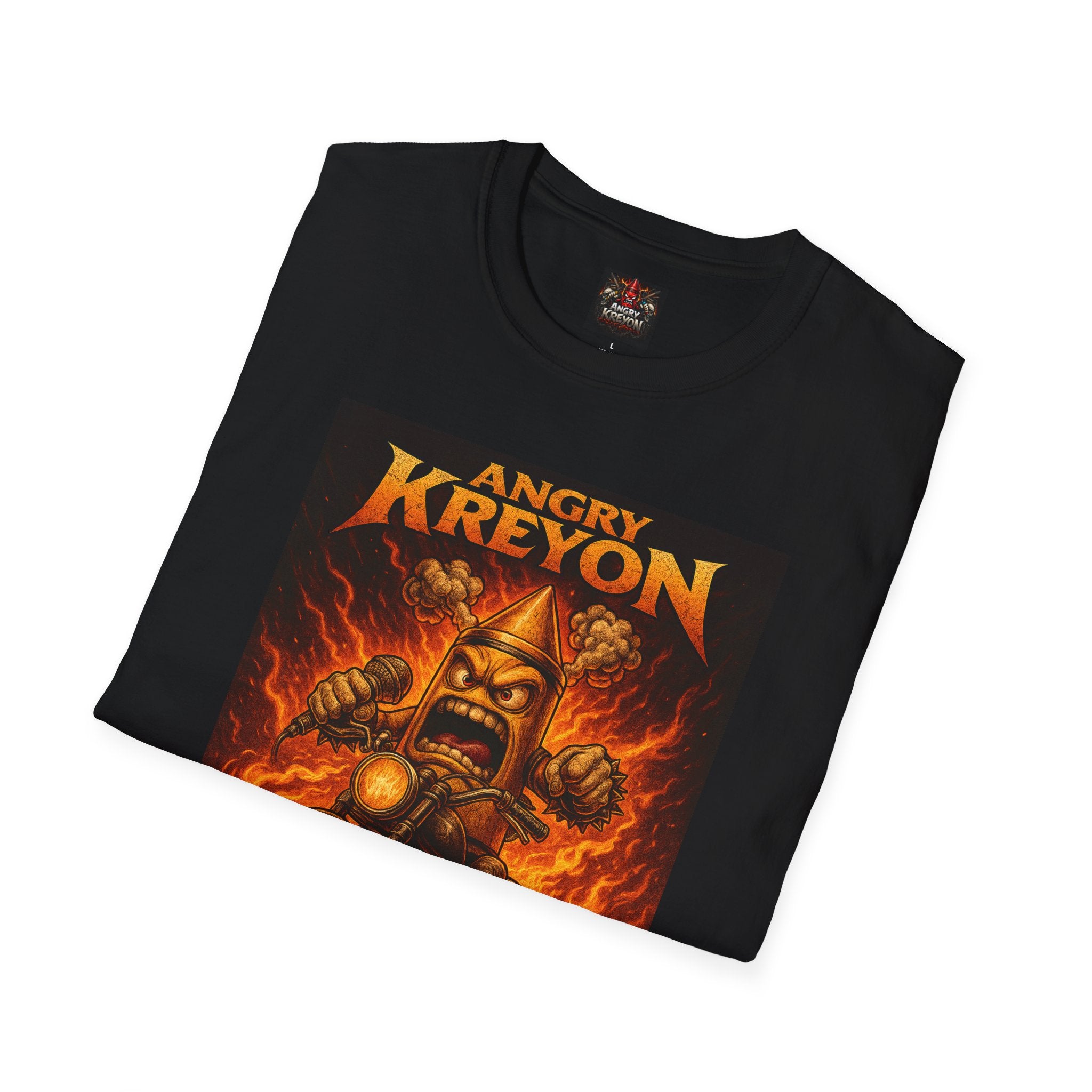 Angry Kreyon Flaming Motorcycle T-Shirt — Retro Heavy Metal Biker Tee