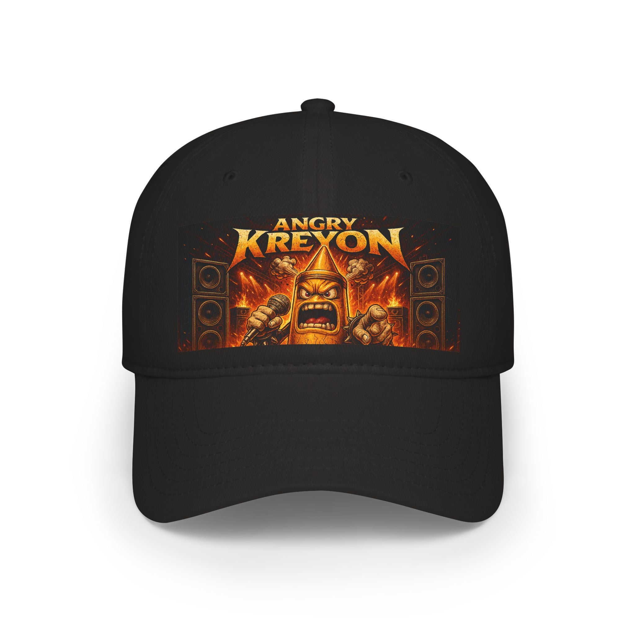 Low Profile Baseball Cap with "Angry Kreyon Mascot" on it.