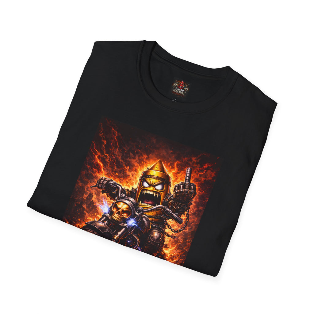 Motorcycle Rider T-Shirt — Flaming Skull Biker Graphic with "Angry Kreyon" Back Logo