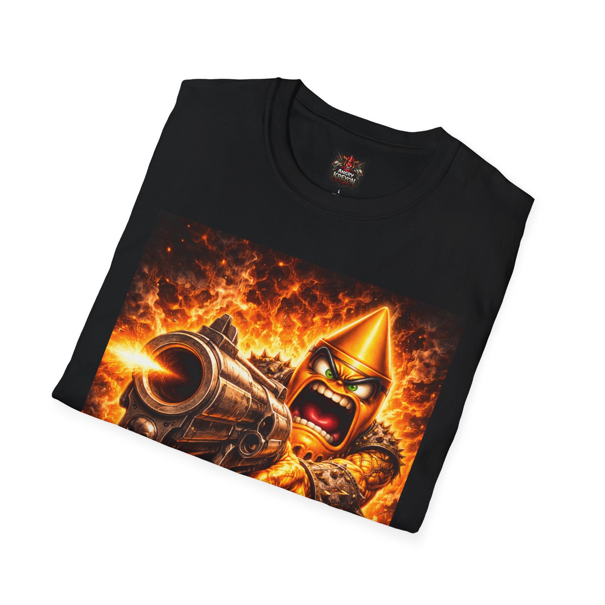 Angry Kreyon Barrel of a gun #1 Graphic T-Shirt — Fiery Shooter Game Tee