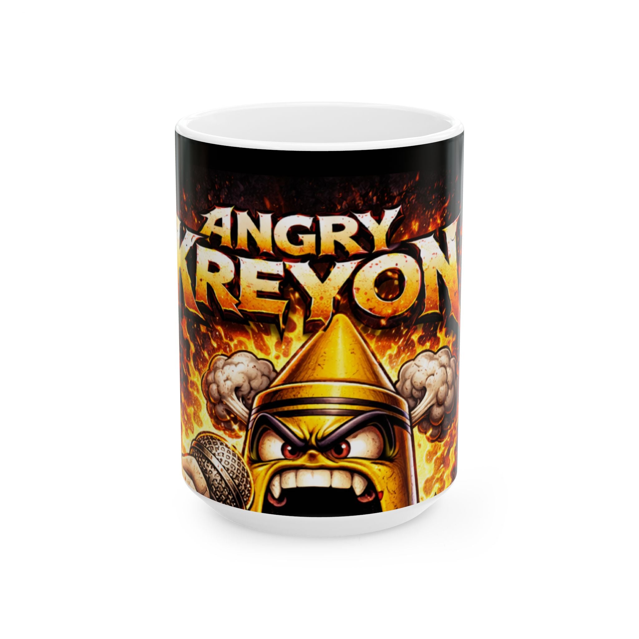 Angry Crayon Ceramic Mug — Fiery Cartoon Character Coffee Cup (11oz & 15oz)