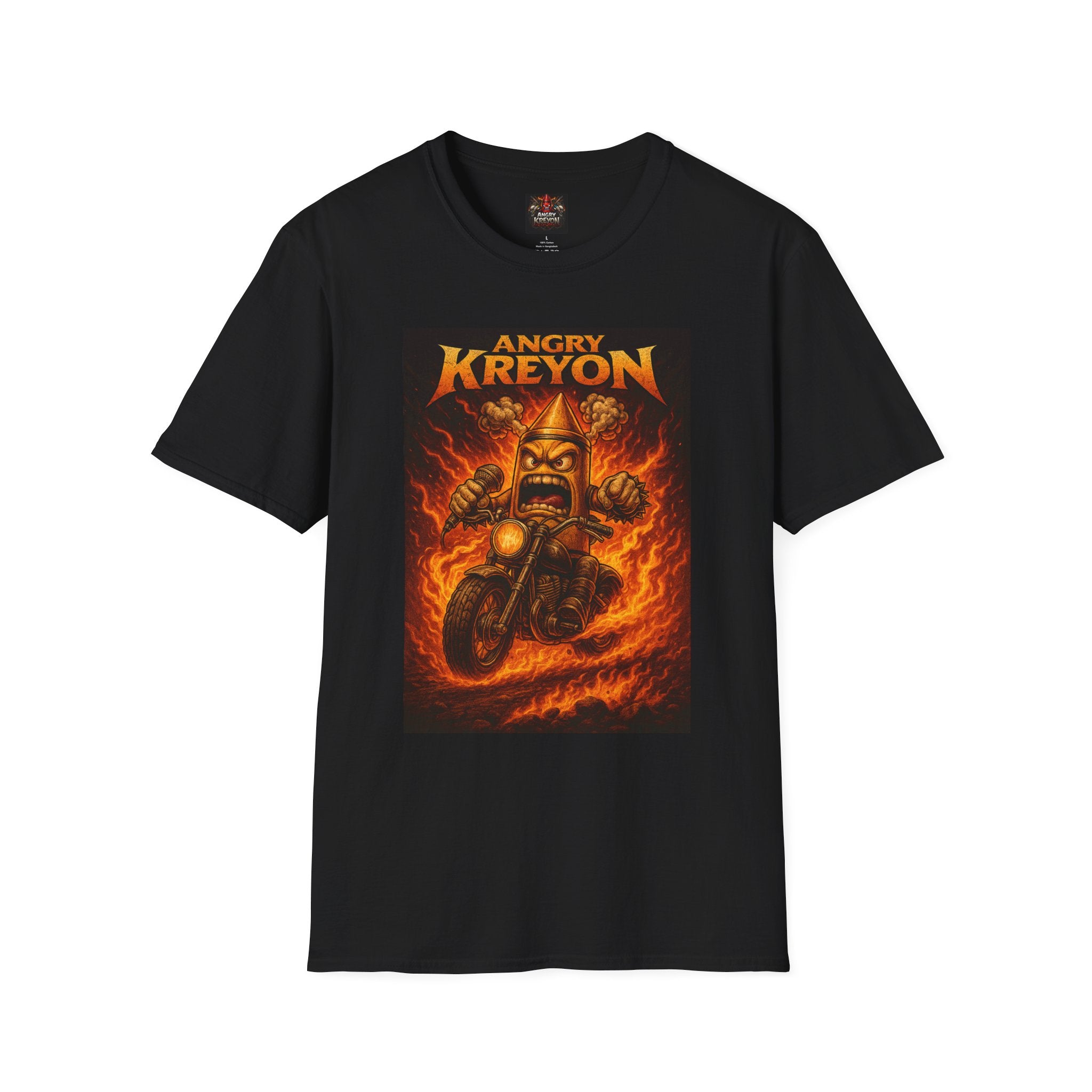 Angry Kreyon Flaming Motorcycle T-Shirt — Retro Heavy Metal Biker Tee