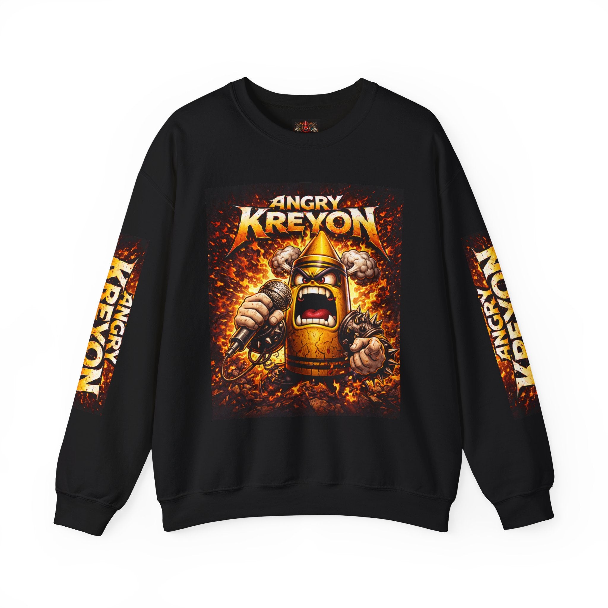 Angry Kreyon character sweatshirt | fiery logo crewneck