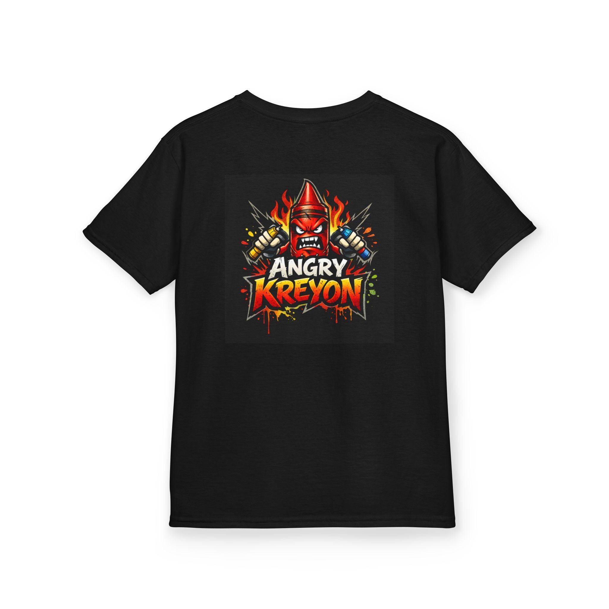 Angry Kreyon Kids T‑Shirt — Fiery Cartoon Crayon Graphic Tee for Boys & Girls