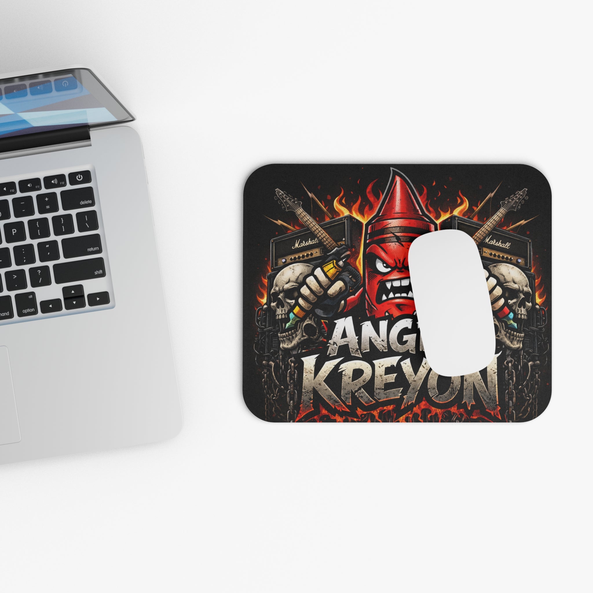 Angry Kreyon cartoon Graphic Mouse Pad — Flame Guitar Skull Gaming Desk Mat