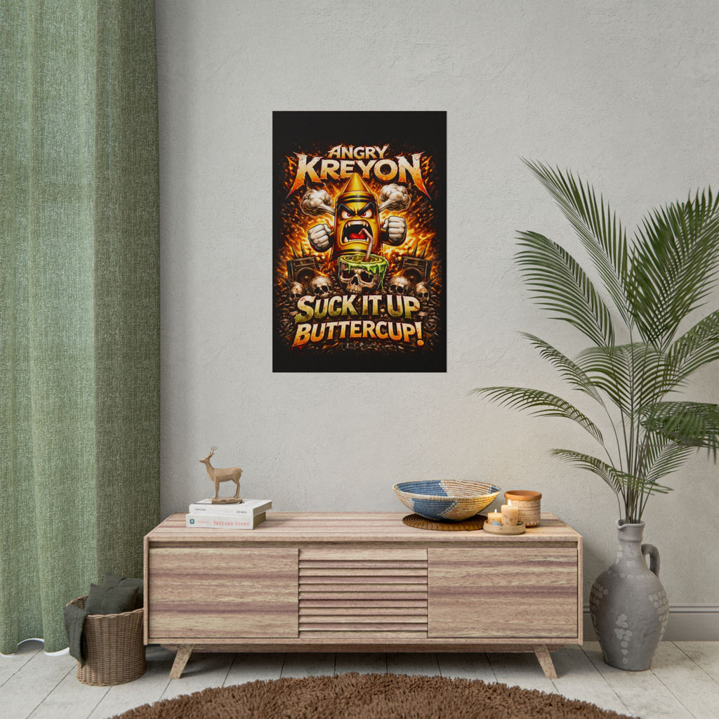 Rolled Poster — "Angry Kreyon: Suck It Up Buttercup" Graphic Poster (Edgy Skull & Flame Artwork)