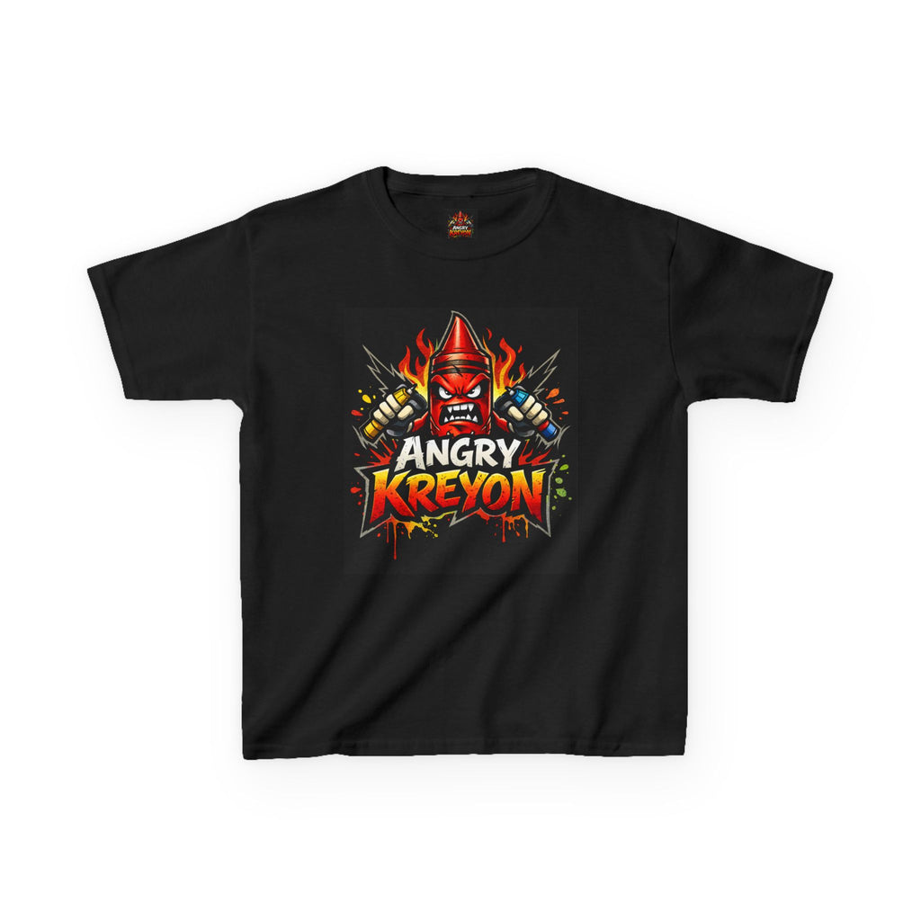 Angry Kreyon graphic Kids Tee | cartoon crayon character, bold gaming logo