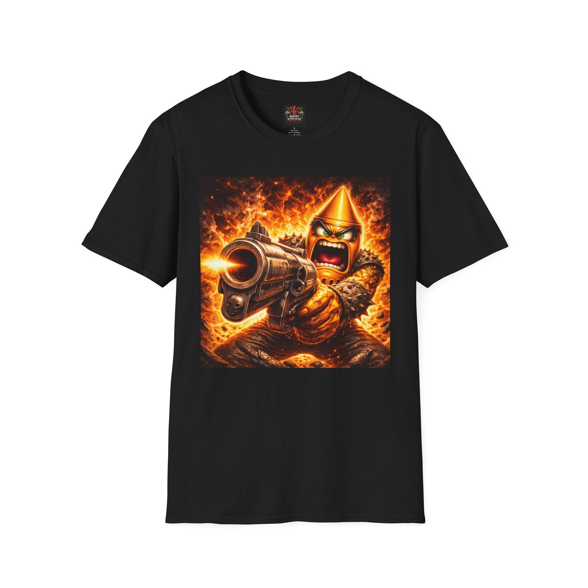 Angry Kreyon Barrel of a gun #1 Graphic T-Shirt — Fiery Shooter Game Tee