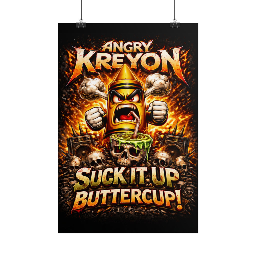 Rolled Poster — "Angry Kreyon: Suck It Up Buttercup" Graphic Poster (Edgy Skull & Flame Artwork)