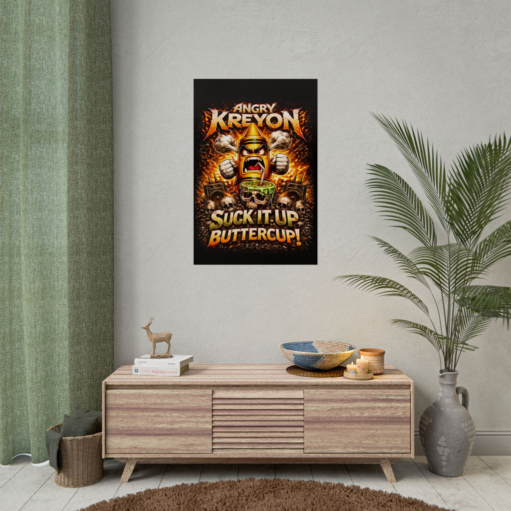 Rolled Poster — "Angry Kreyon: Suck It Up Buttercup" Graphic Poster (Edgy Skull & Flame Artwork)