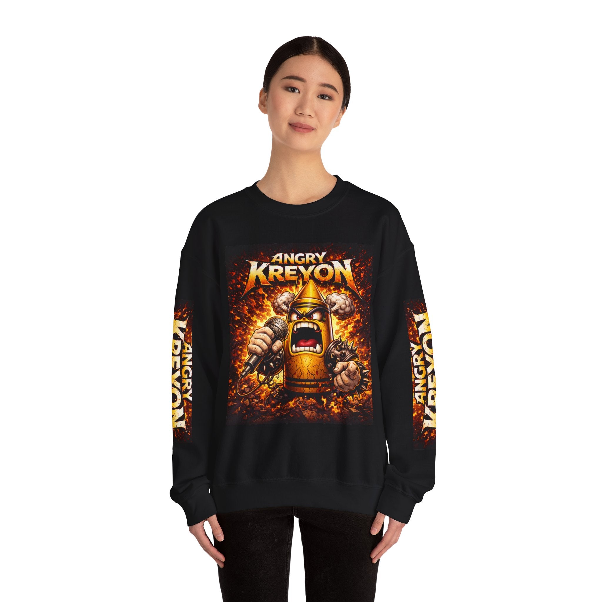 Angry Kreyon character sweatshirt | fiery logo crewneck