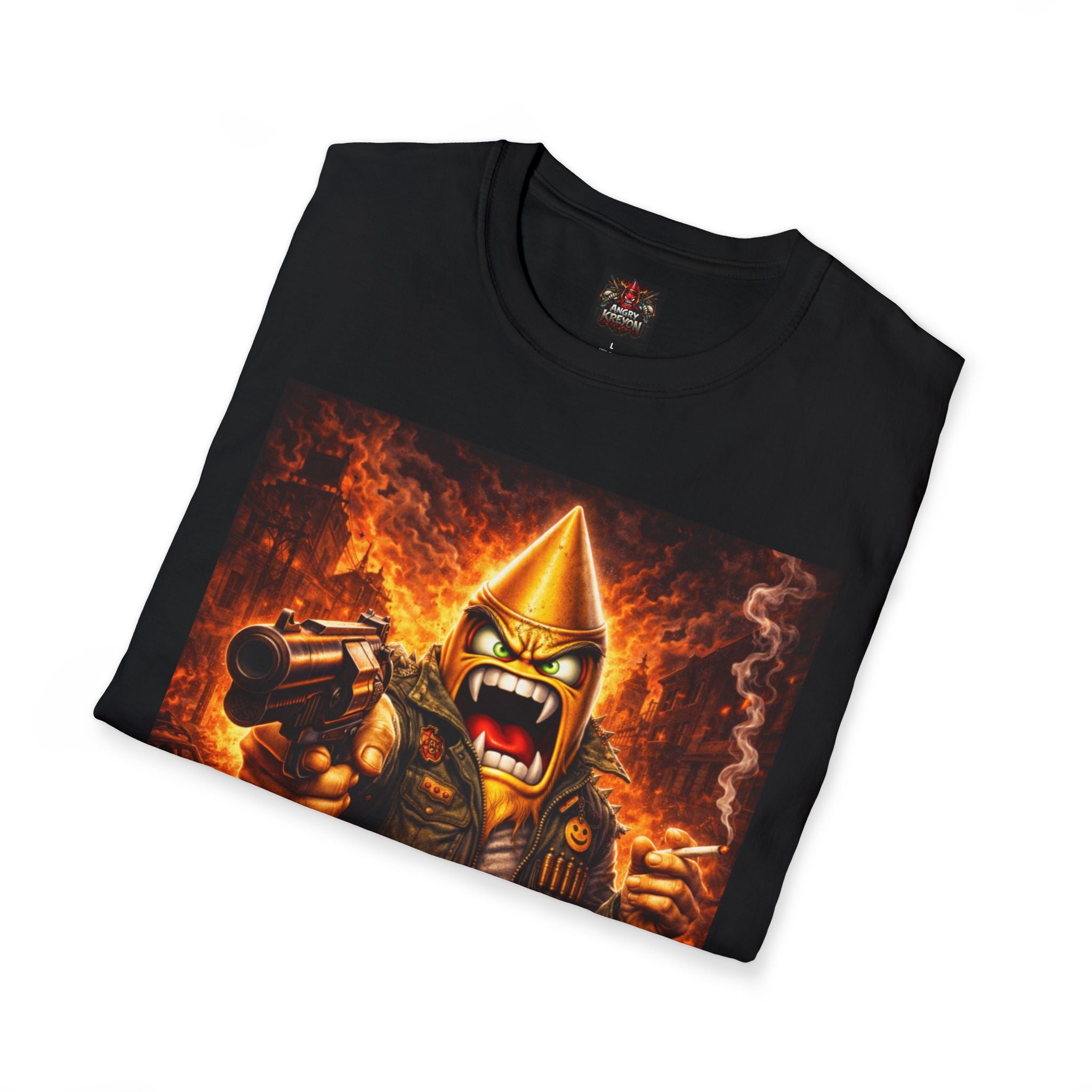 Angry Kreyon Barrel of a Gun #2 - Heavy Metal Graphic T-Shirt — Fiery Mascot Band Tee