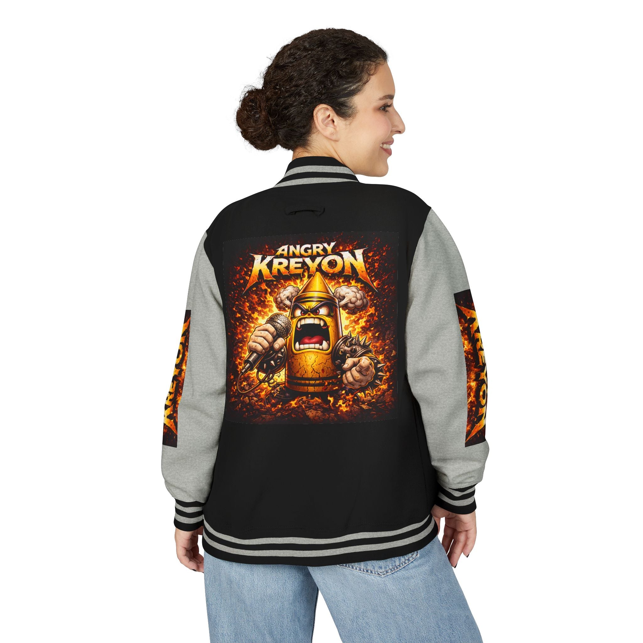 Angry Kreyon Letterman Jacket - Graphic Varsity Bomber with Bold Back Art