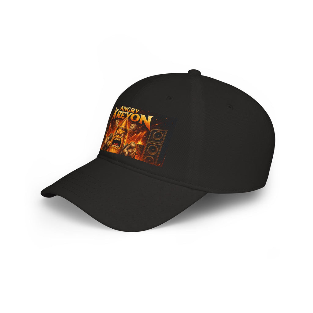 Low Profile Baseball Cap with "Angry Kreyon Mascot" on it.