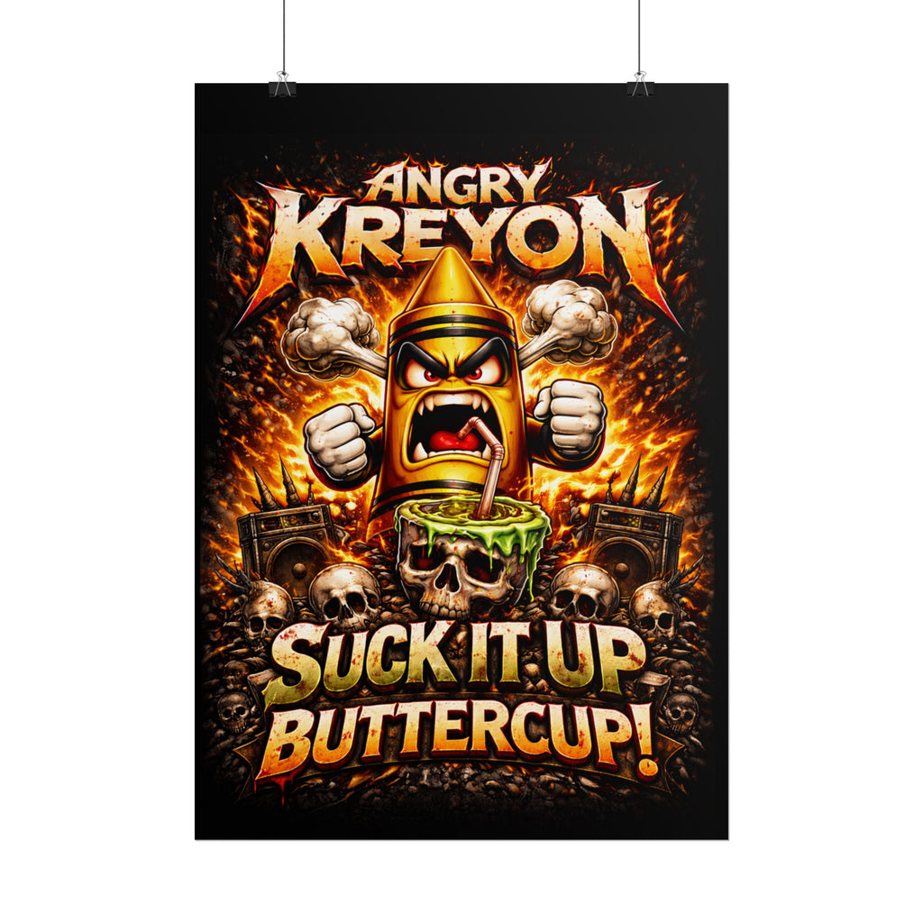 Rolled Poster — "Angry Kreyon: Suck It Up Buttercup" Graphic Poster (Edgy Skull & Flame Artwork)
